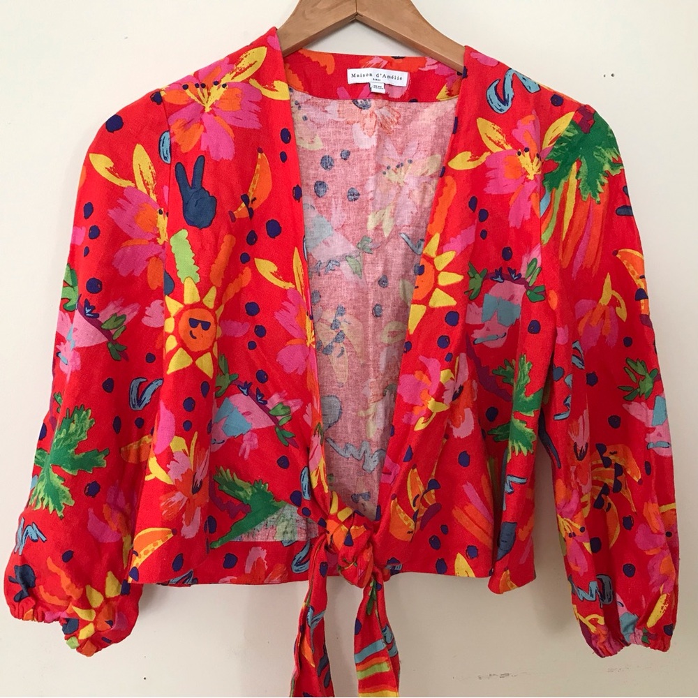 MAISON D AMELIE PARIS Tie Crop Shirt Tropical Hawaii Beach Top Linen Red XS